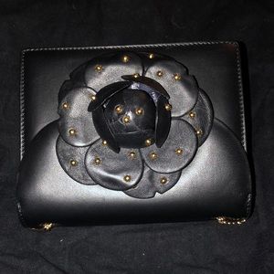 Oscar de la Renta black leather studded flower TRO evening bag, lightly used